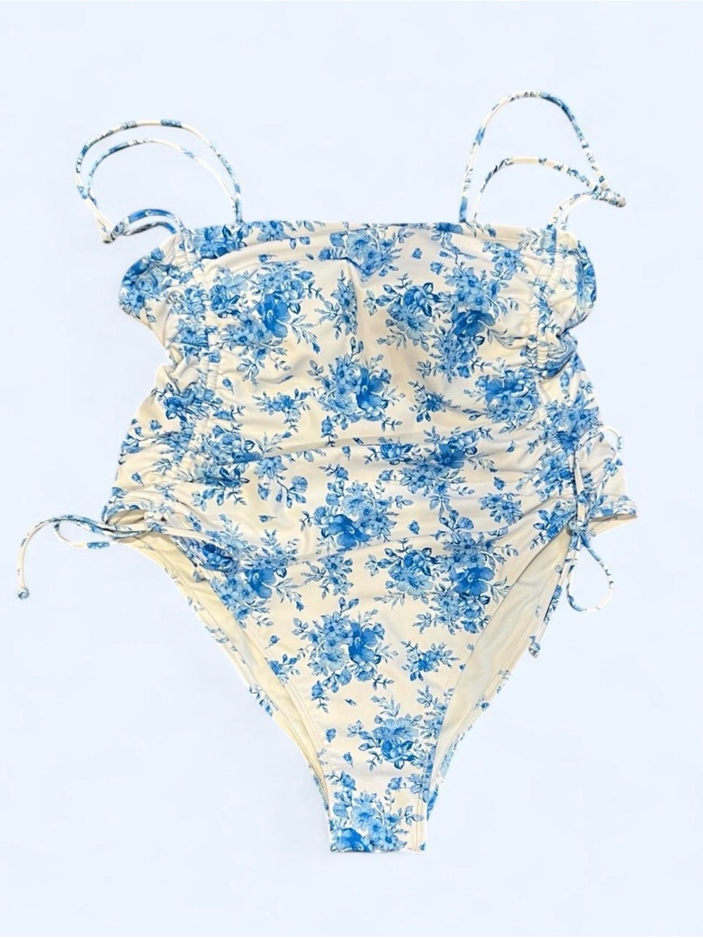 NWT Wild Fable Blue White Floral Super High Leg Cheeky Swimsuit L⁠